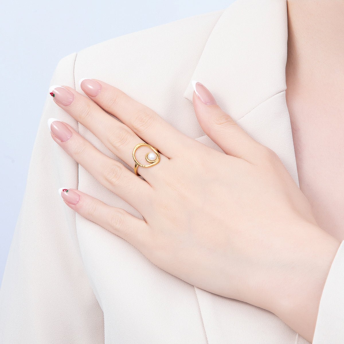 PVD Gold Stainless Steel Shell Pearl Open Molten Oval Bezel Ring | Rings-00310 - DLUXCA