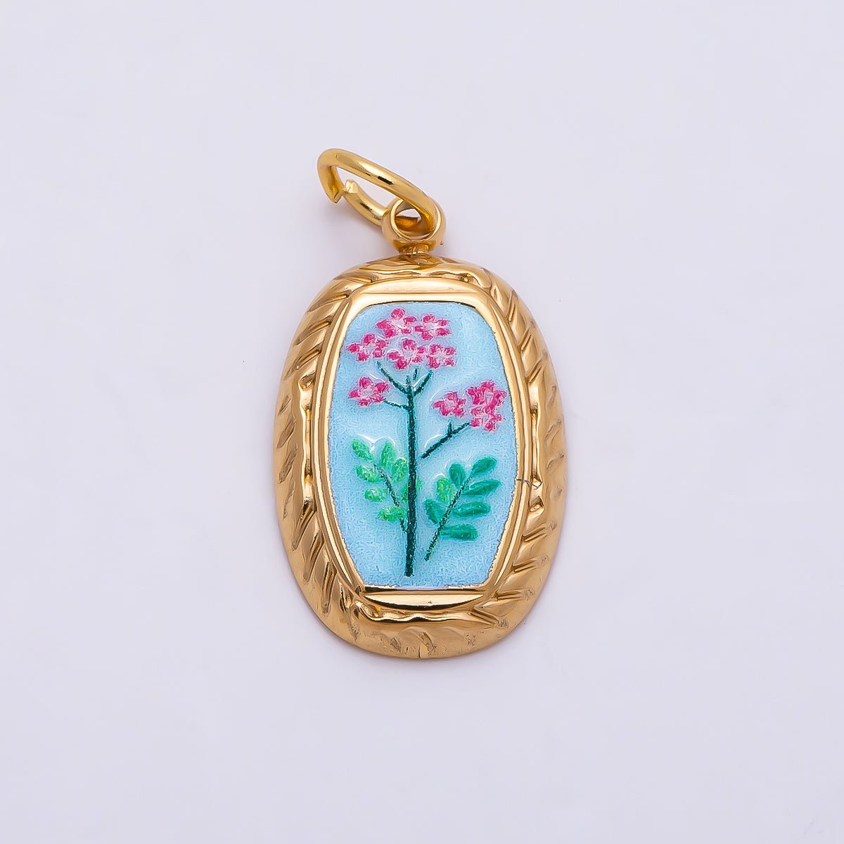 PVD Gold Stainless Steel Yellow, Blue Enamel Flower Ribbed Bezel Oval Charm | Charms-01333 Charms-01334 - DLUXCA