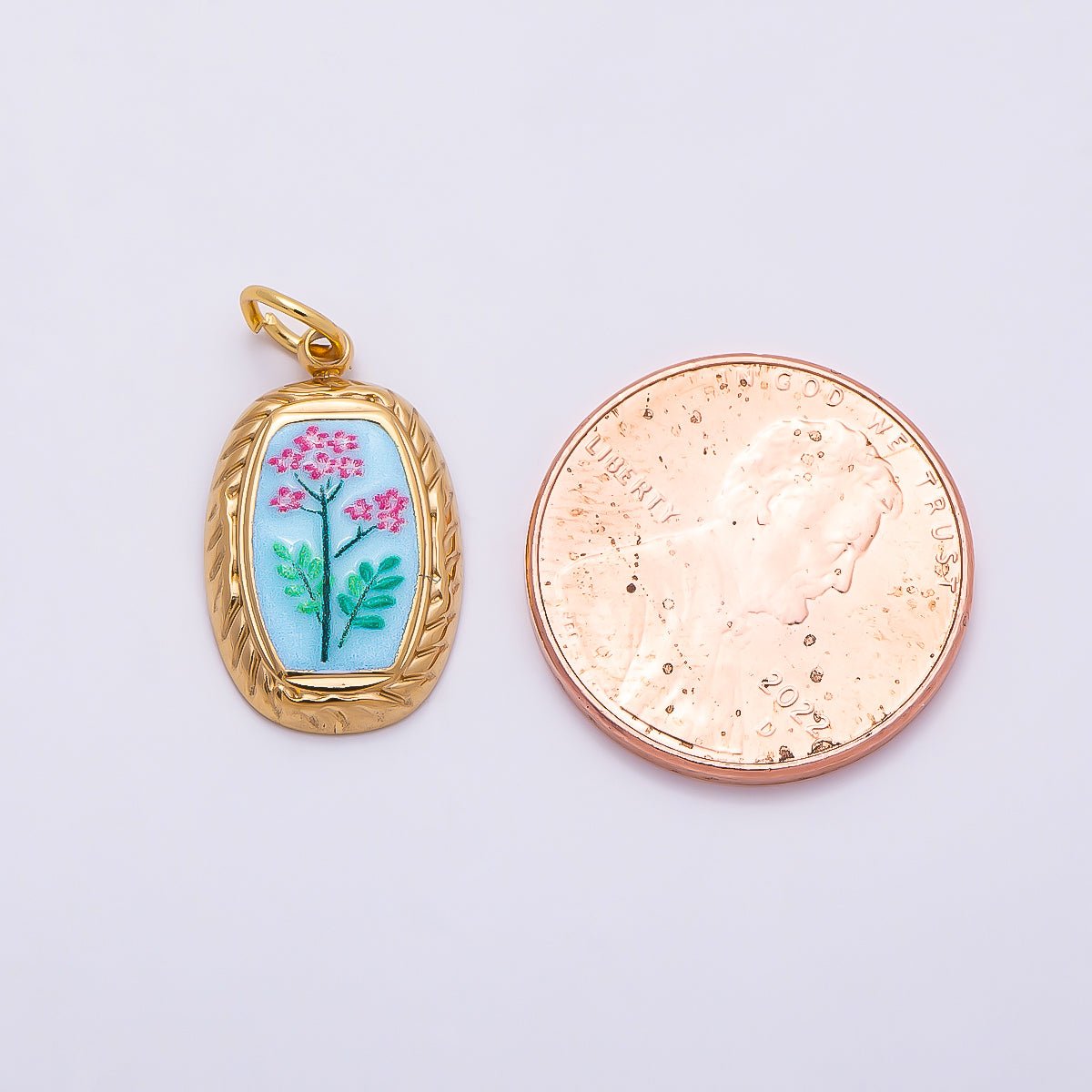 PVD Gold Stainless Steel Yellow, Blue Enamel Flower Ribbed Bezel Oval Charm | Charms-01333 Charms-01334 - DLUXCA