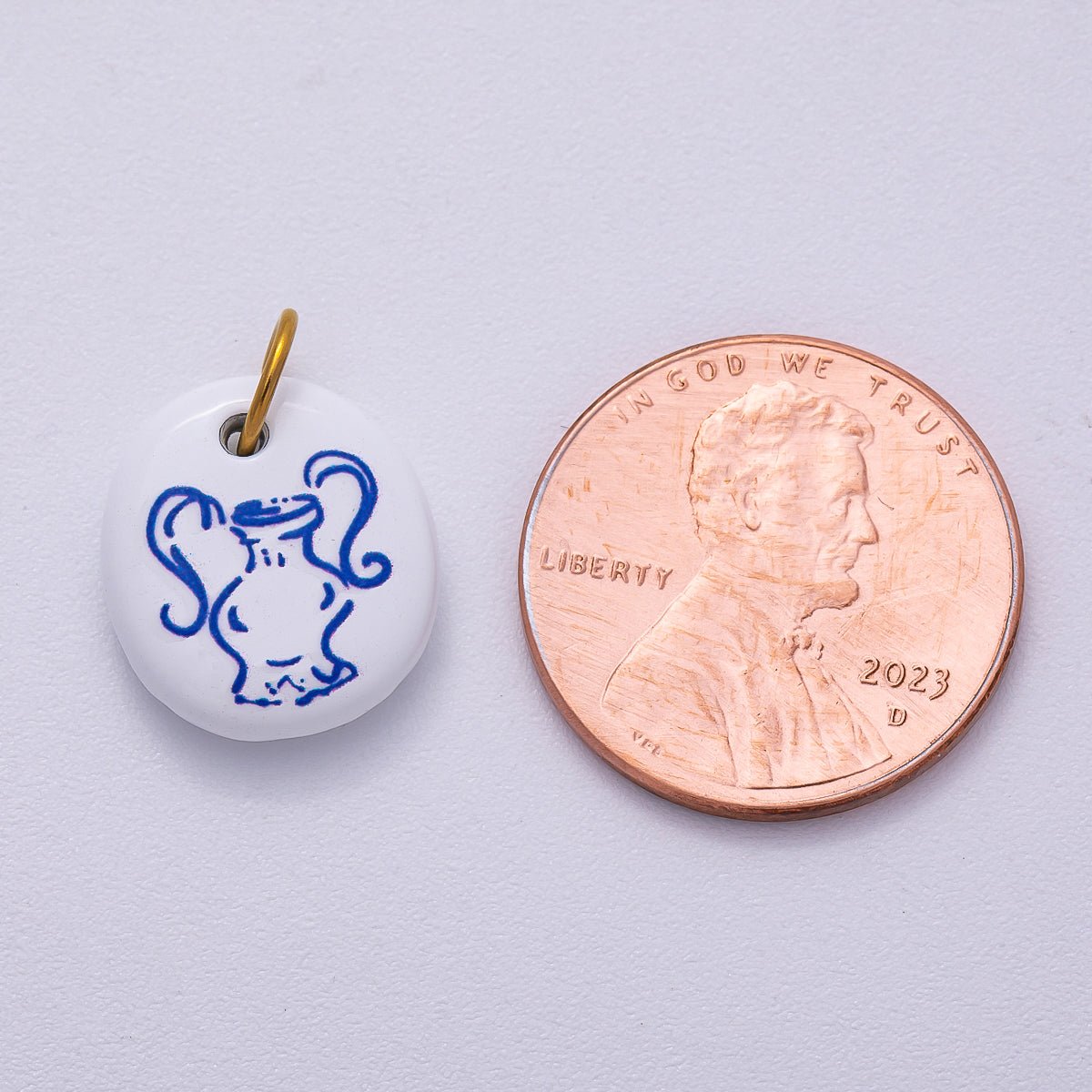 PVD Stainless Steel 14mm White Blue Vase Enamel Round Charm | Charms - 00508 - DLUXCA