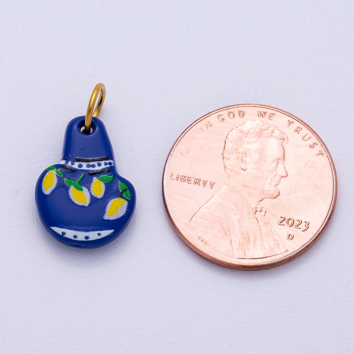 PVD Stainless Steel 15mm Lemon Mediterranean Blue Vase Enamel Charm | Charms - 00499 - DLUXCA