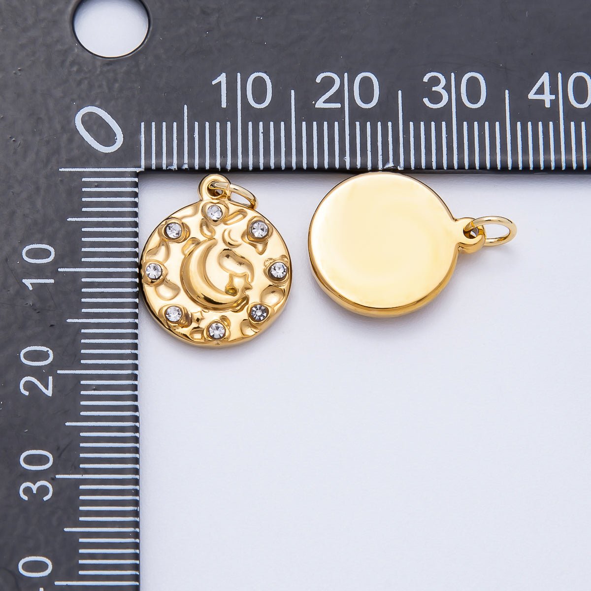 PVD Stainless Steel 16mm Clear CZ Celestial Crescent Moon Round Charm | Charms - 00710 - DLUXCA