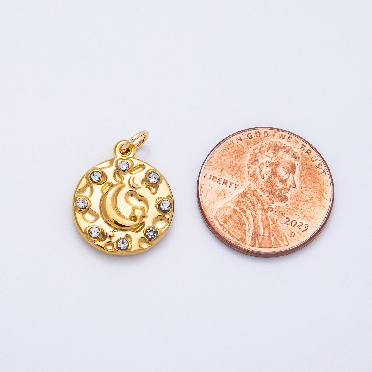PVD Stainless Steel 16mm Clear CZ Celestial Crescent Moon Round Charm | Charms - 00710 - DLUXCA