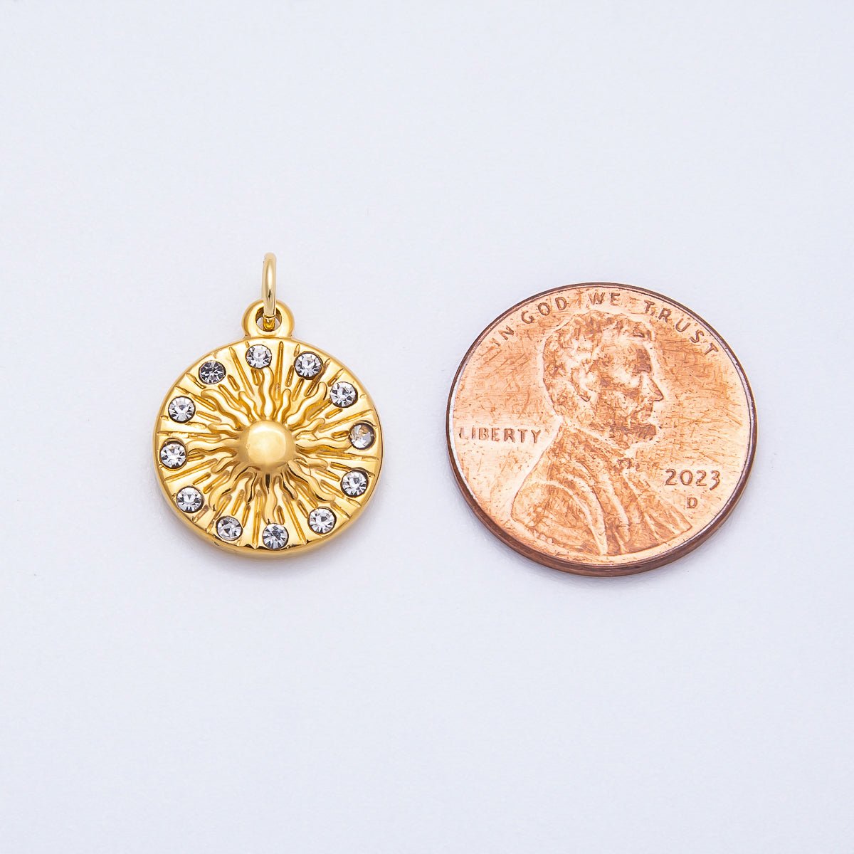 PVD Stainless Steel 16mm Clear CZ Celestial Sun Round Charm | Charms - 00708 - DLUXCA