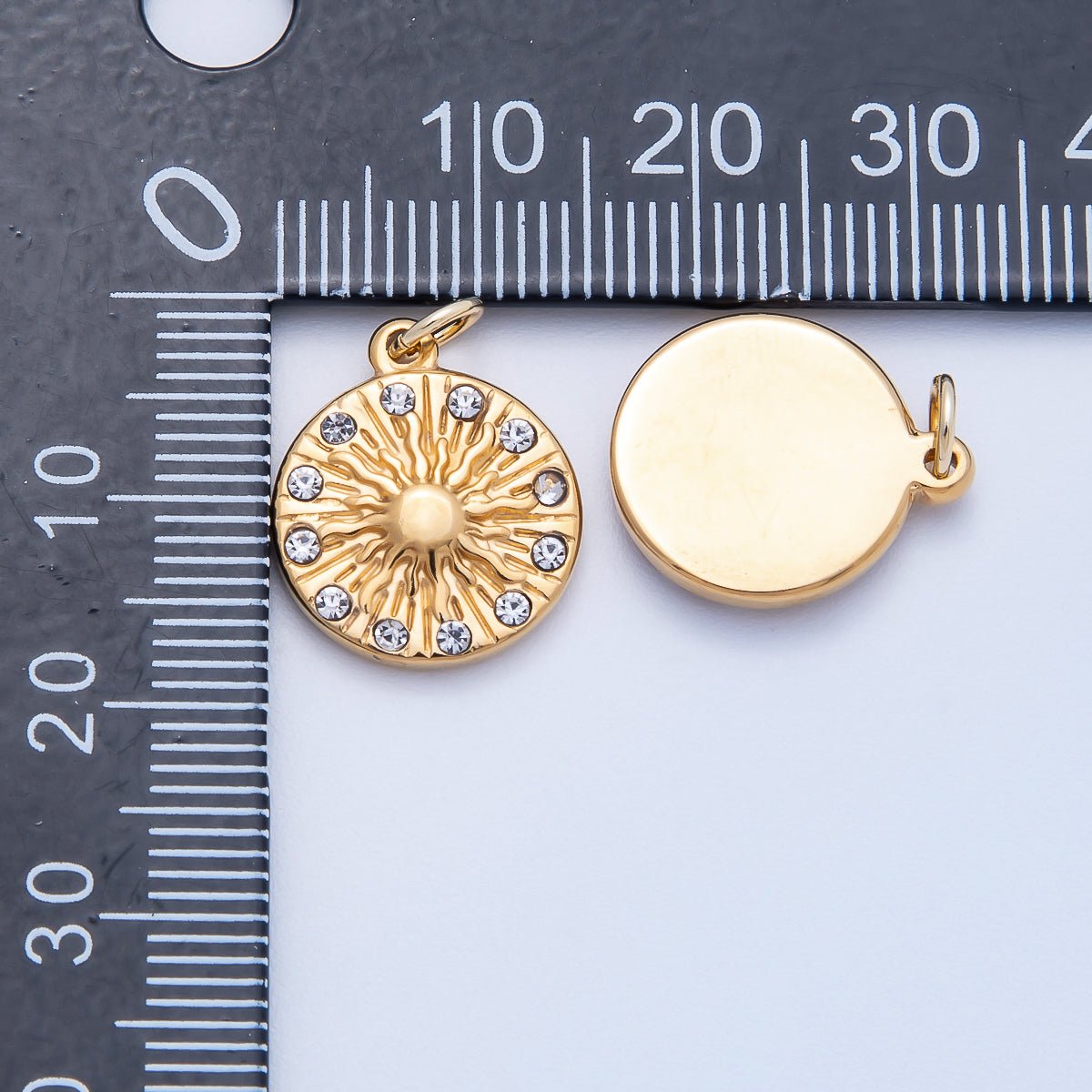 PVD Stainless Steel 16mm Clear CZ Celestial Sun Round Charm | Charms - 00708 - DLUXCA
