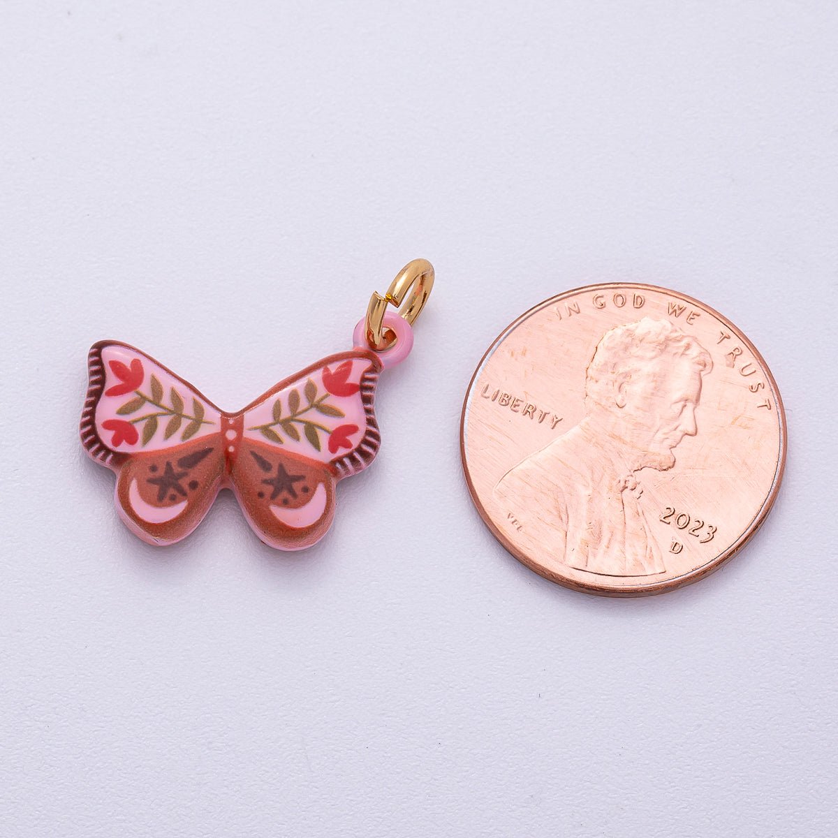 PVD Stainless Steel 18mm Red Pink Enamel Flower Butterfly Charm | Charms - 00502 - DLUXCA