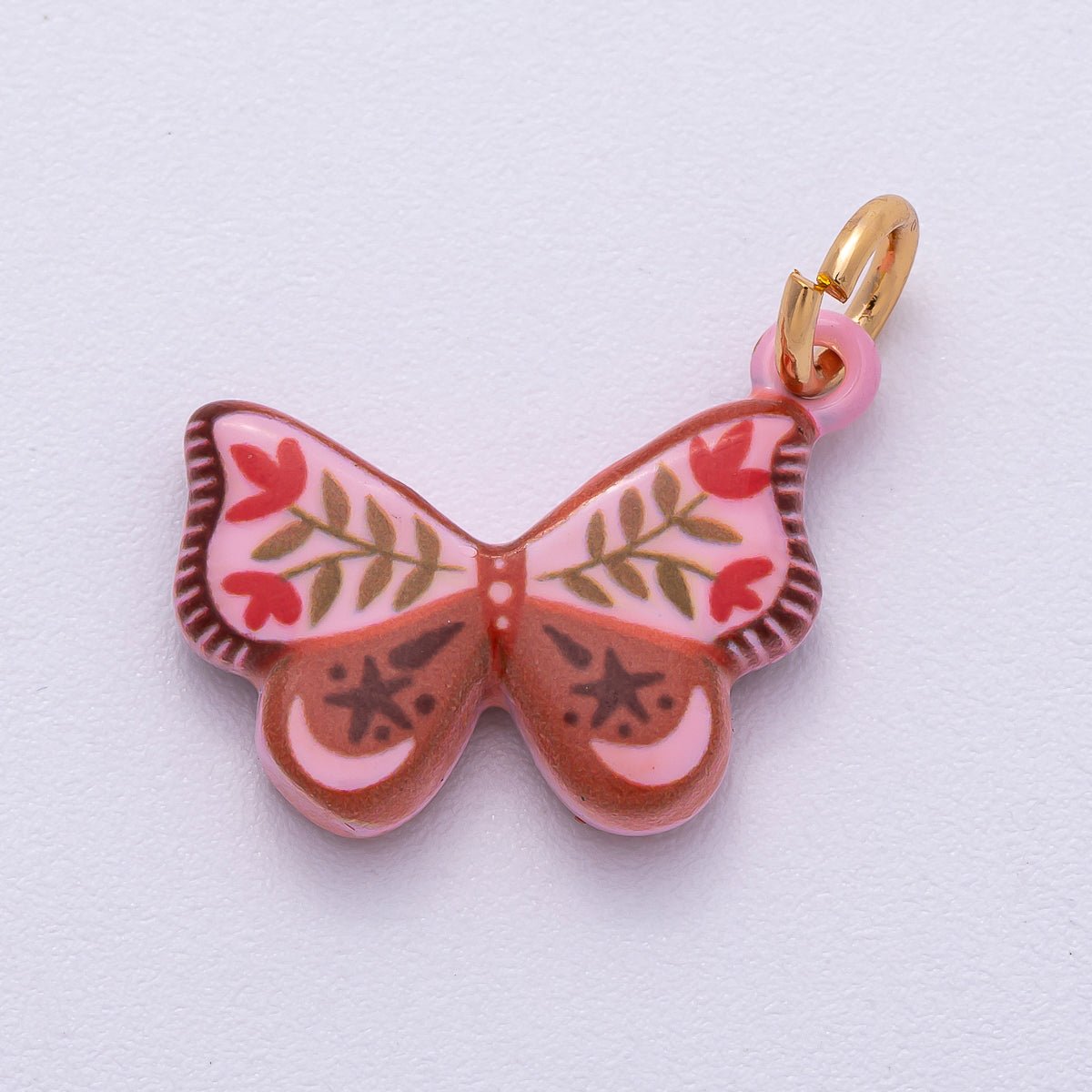 PVD Stainless Steel 18mm Red Pink Enamel Flower Butterfly Charm | Charms - 00502 - DLUXCA