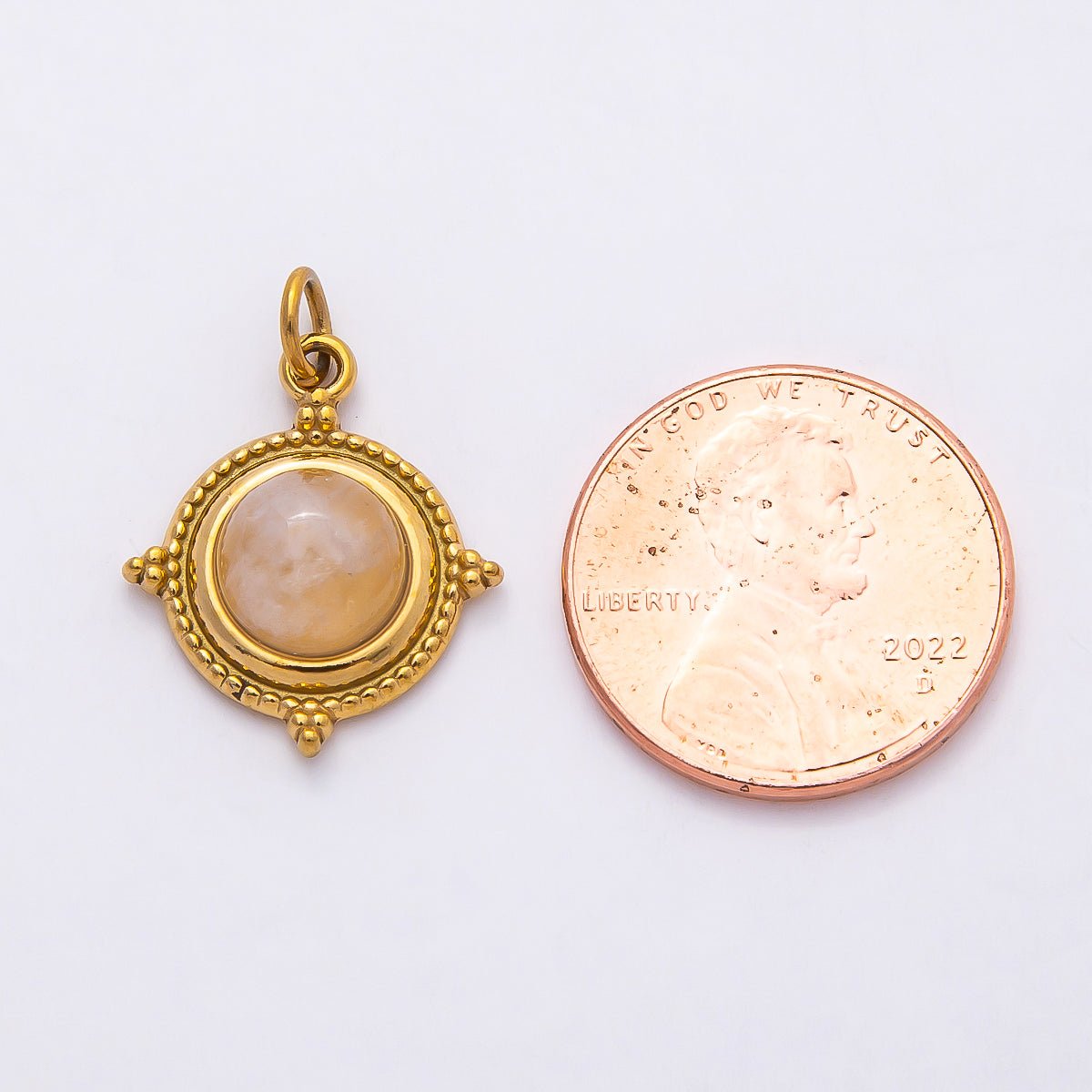 PVD Stainless Steel 18mm Rose Quartz Gemstone Dotted Round Charm | Charms - 00806 - DLUXCA