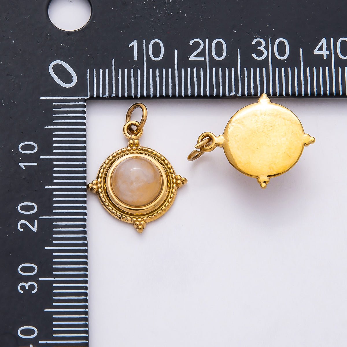 PVD Stainless Steel 18mm Rose Quartz Gemstone Dotted Round Charm | Charms - 00806 - DLUXCA