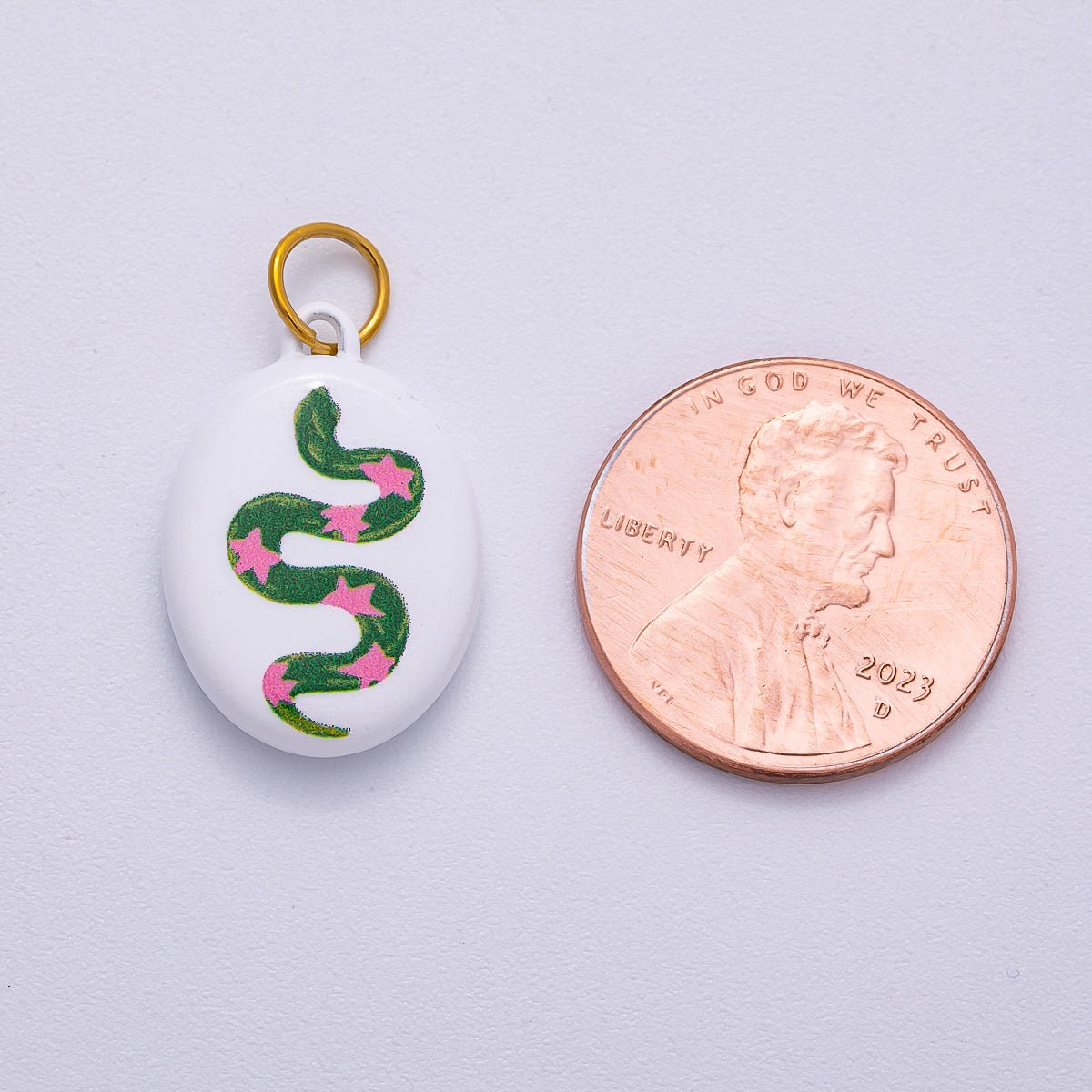 PVD Stainless Steel 20mm Green Snake Pink Star White Enamel Oval Charm | Charms - 00503 - DLUXCA