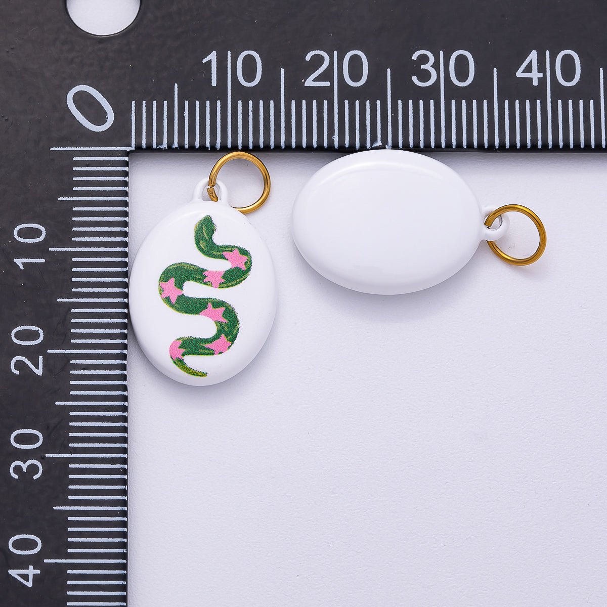PVD Stainless Steel 20mm Green Snake Pink Star White Enamel Oval Charm | Charms - 00503 - DLUXCA