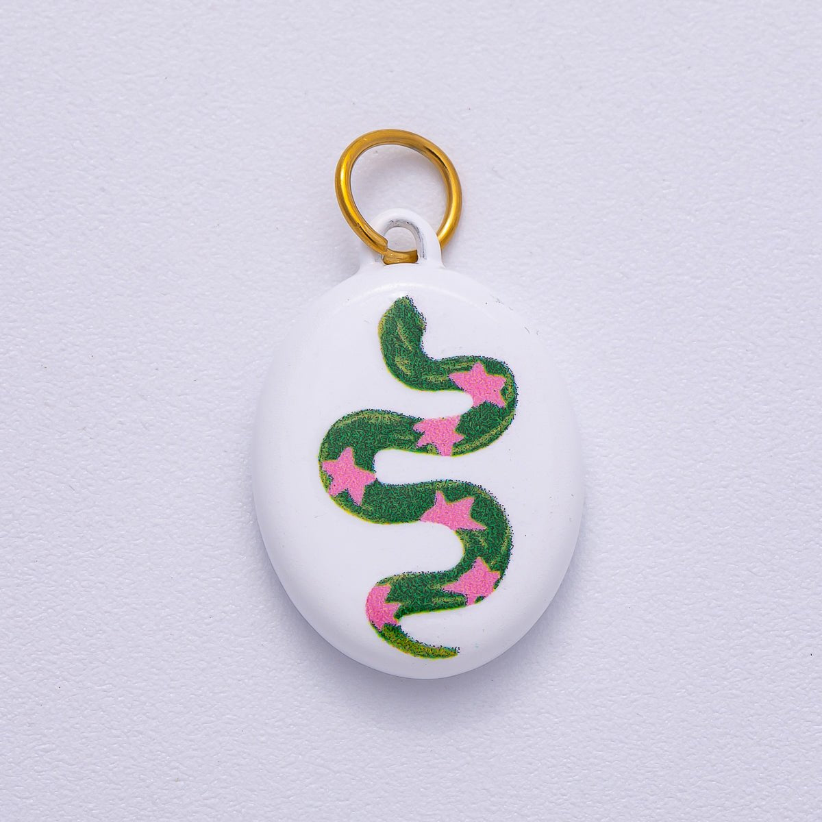 PVD Stainless Steel 20mm Green Snake Pink Star White Enamel Oval Charm | Charms - 00503 - DLUXCA