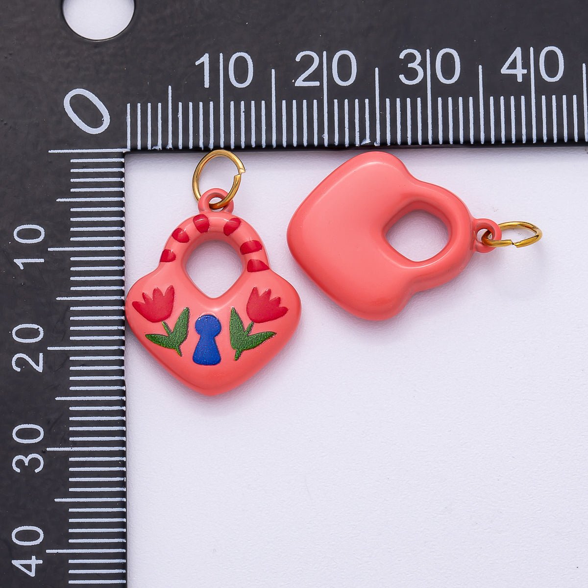 PVD Stainless Steel 21mm Pink Enamel Flower Heart Padlock Charm | Charms - 00509 - DLUXCA