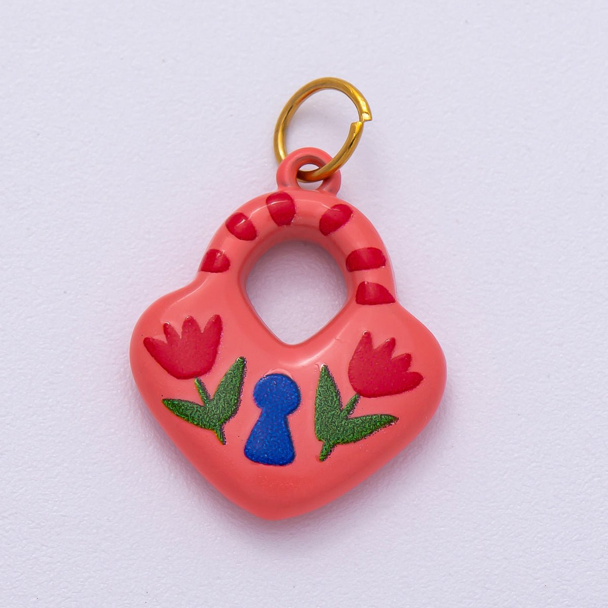 PVD Stainless Steel 21mm Pink Enamel Flower Heart Padlock Charm | Charms - 00509 - DLUXCA