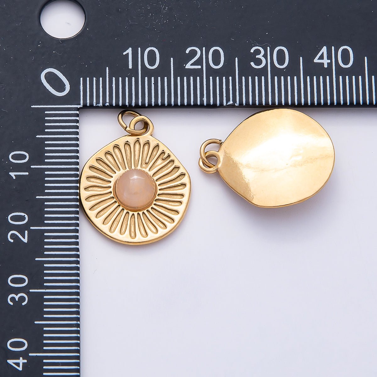 PVD Stainless Steel 21mm Rose Quartz Gemstone Sunburst Round Charm | Charms - 00800 - DLUXCA