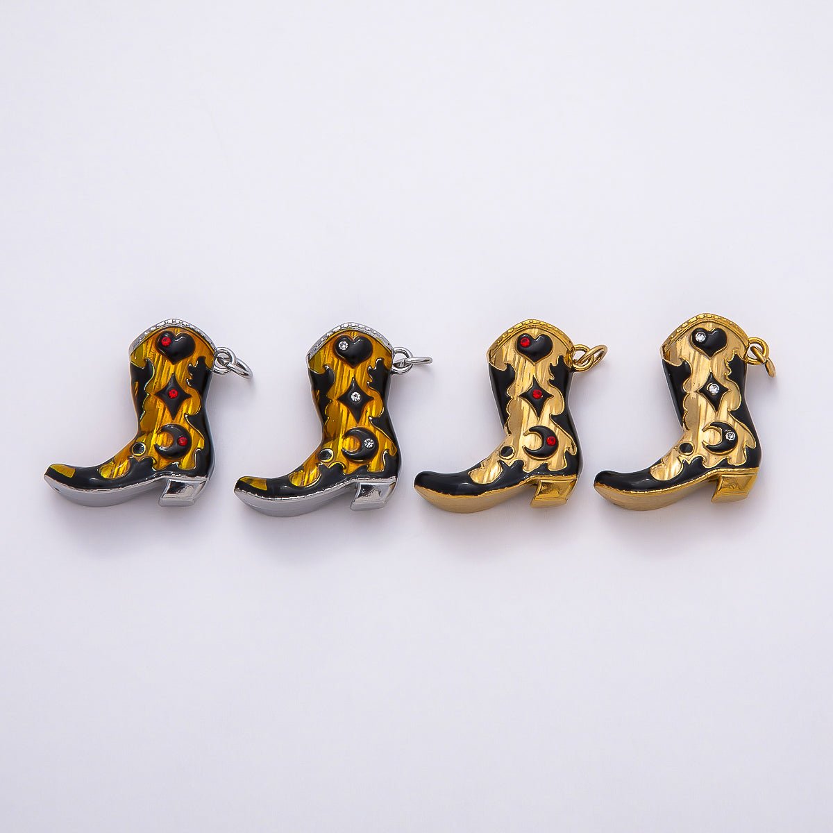 PVD Stainless Steel 27mm Clear and Red CZ Black Enamel Western Cowboy Boot Charm in Gold & Silver | Charms - 00782 - Charms - 00785 - DLUXCA