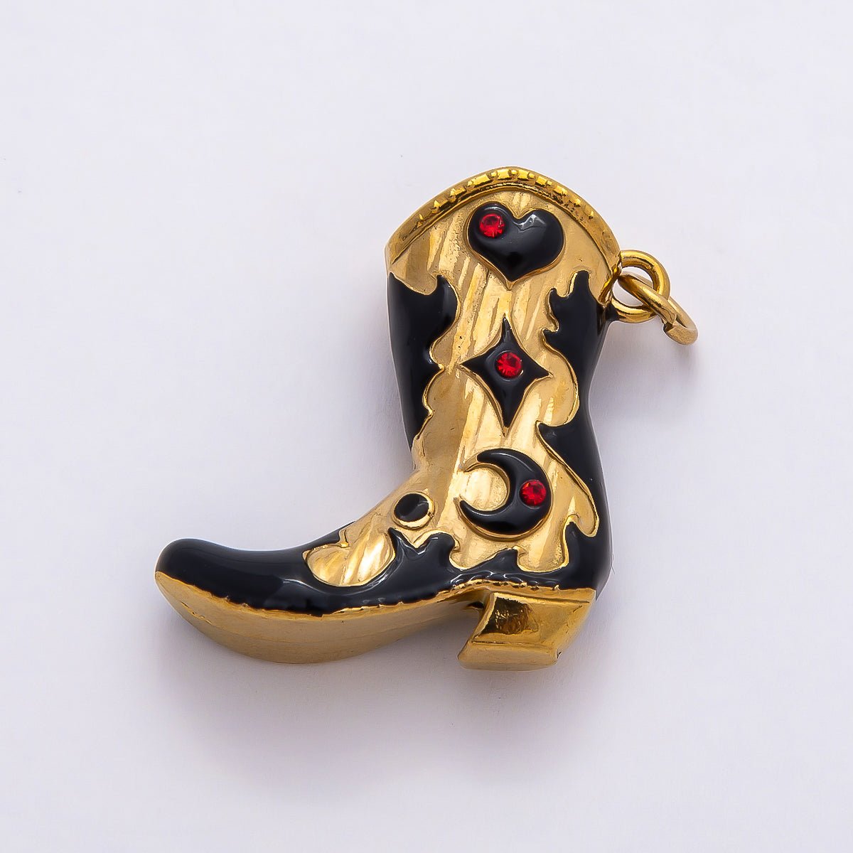 PVD Stainless Steel 27mm Clear and Red CZ Black Enamel Western Cowboy Boot Charm in Gold & Silver | Charms - 00782 - Charms - 00785 - DLUXCA