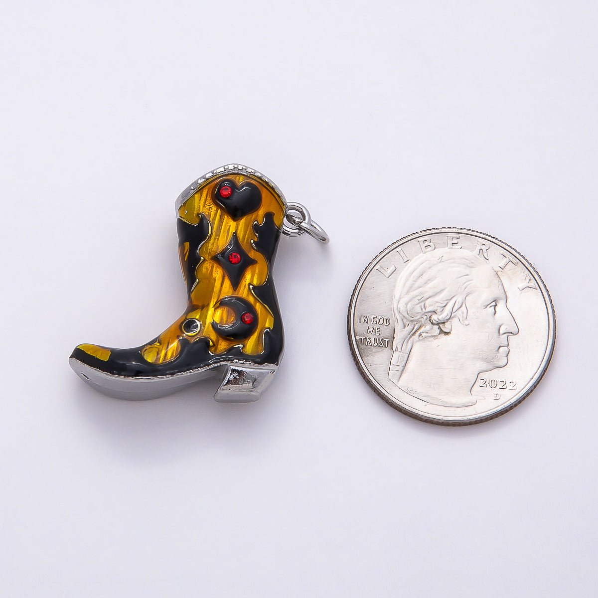 PVD Stainless Steel 27mm Clear and Red CZ Black Enamel Western Cowboy Boot Charm in Gold & Silver | Charms - 00782 - Charms - 00785 - DLUXCA