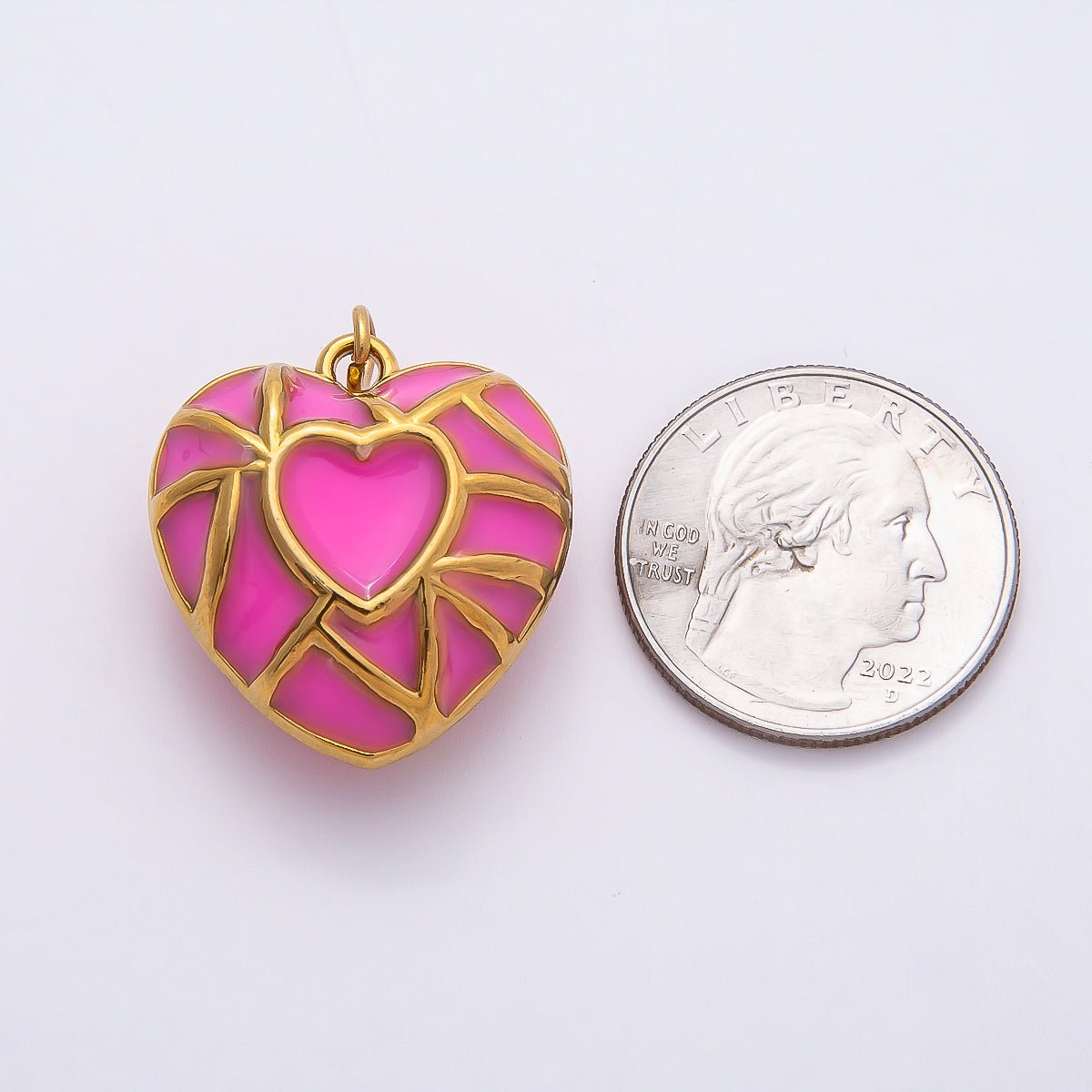 PVD Stainless Steel 27mm Pink Enamel Mosaic Puffy Heart Charm | Charms - 00788 - DLUXCA