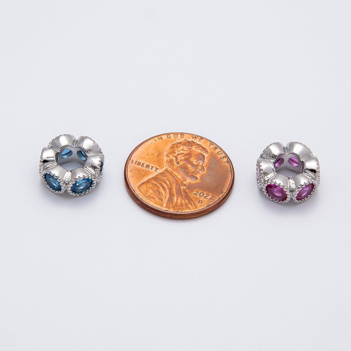 Rhodium Plated 11mm Personalized Round Beaded Birthstone CZ Rondelle Spacer Set | Beads - 00208 - Beads - 00219 - DLUXCA