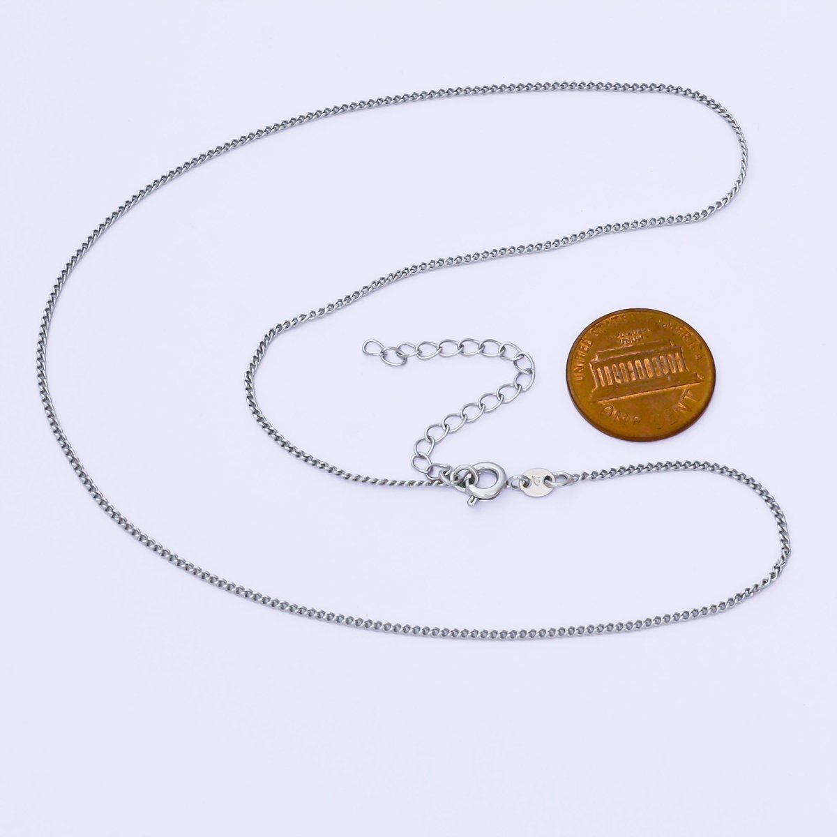 Rhodium Plated 1.3mm Minimalist Curb Chain 15.5 Inch Necklace with Extender | WA - 3228 - DLUXCA