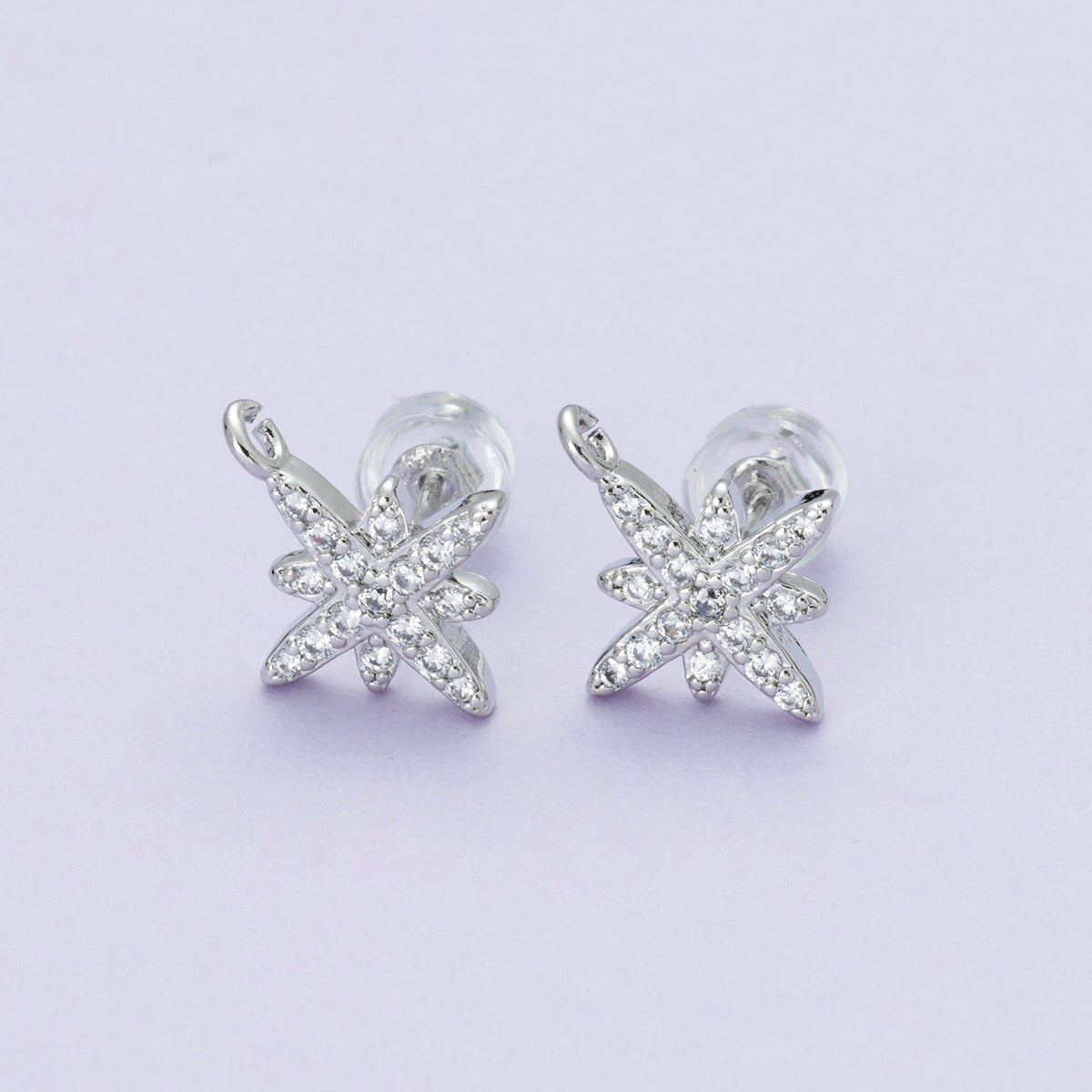 Rhodium Plated 14mm Micro Paved CZ Celestial North Star Drop Stud Earrings | Findings - 00087 - DLUXCA