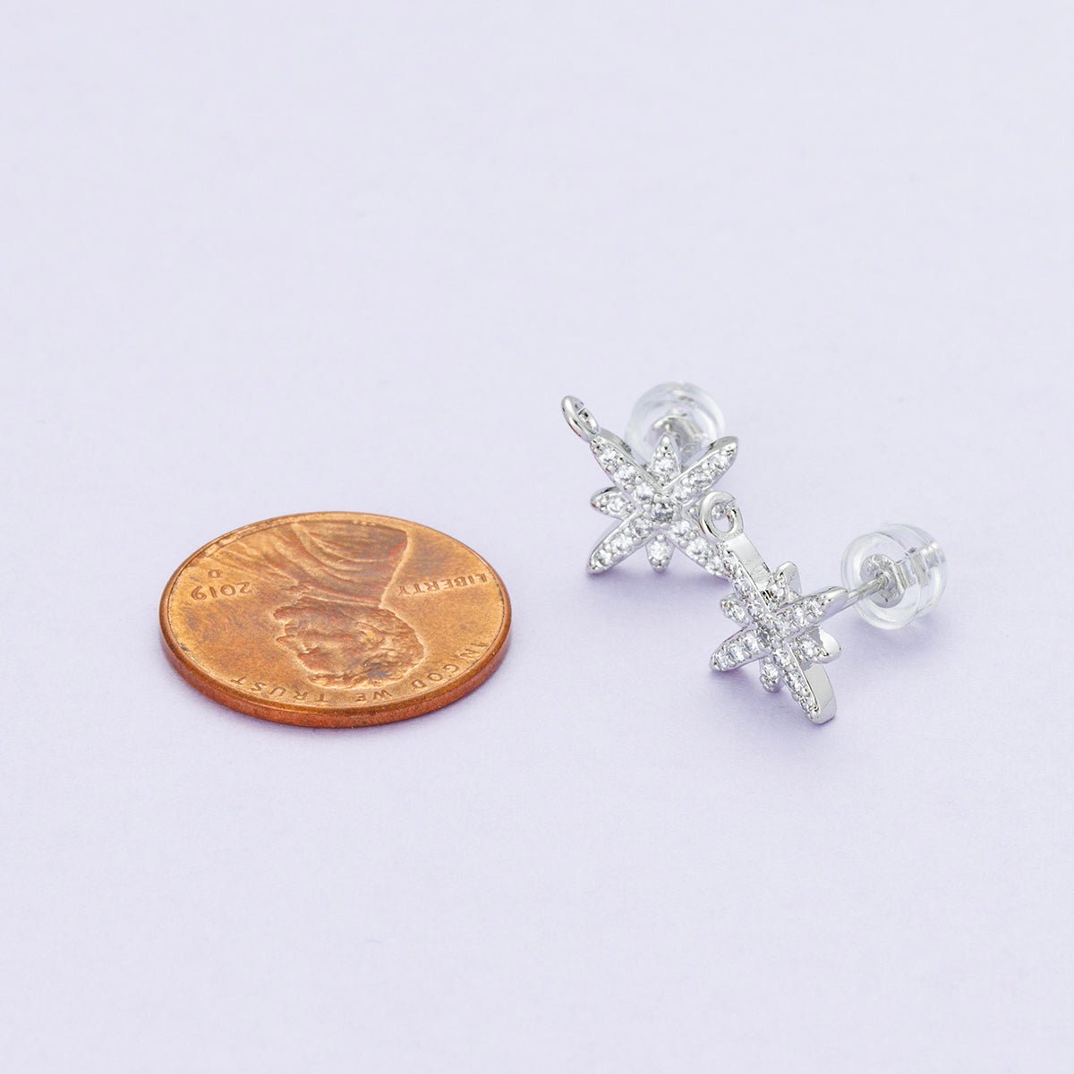 Rhodium Plated 14mm Micro Paved CZ Celestial North Star Drop Stud Earrings | Findings - 00087 - DLUXCA