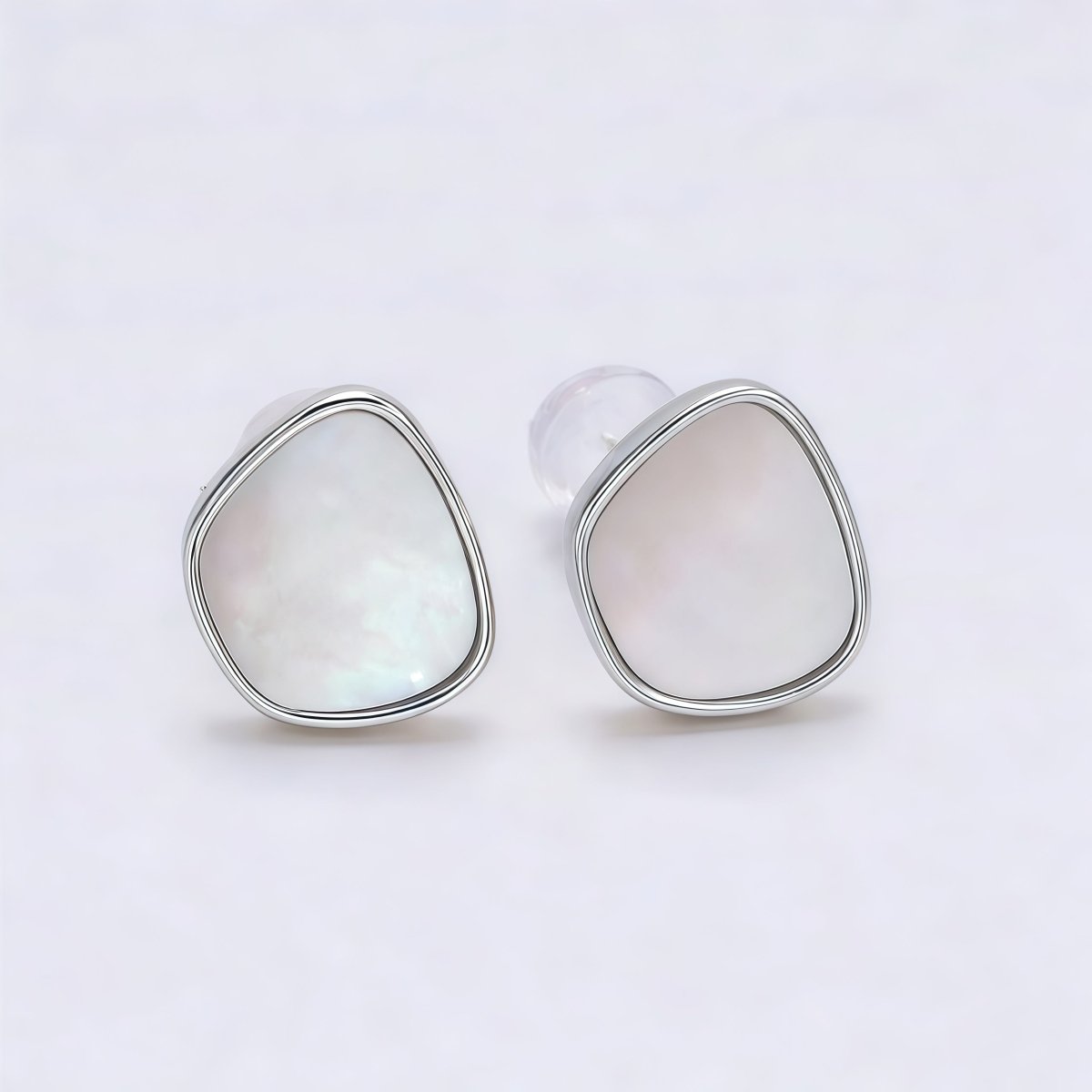 Rhodium Plated 14mm Shell Pearl Abstract Bezel Stud Silver Earrings | Earrings - 00161 - DLUXCA