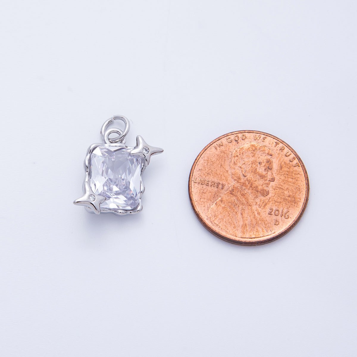 Rhodium Plated 15.5mm Clear CZ Celestial Star Baguette Charm | Charms - 00393 - DLUXCA