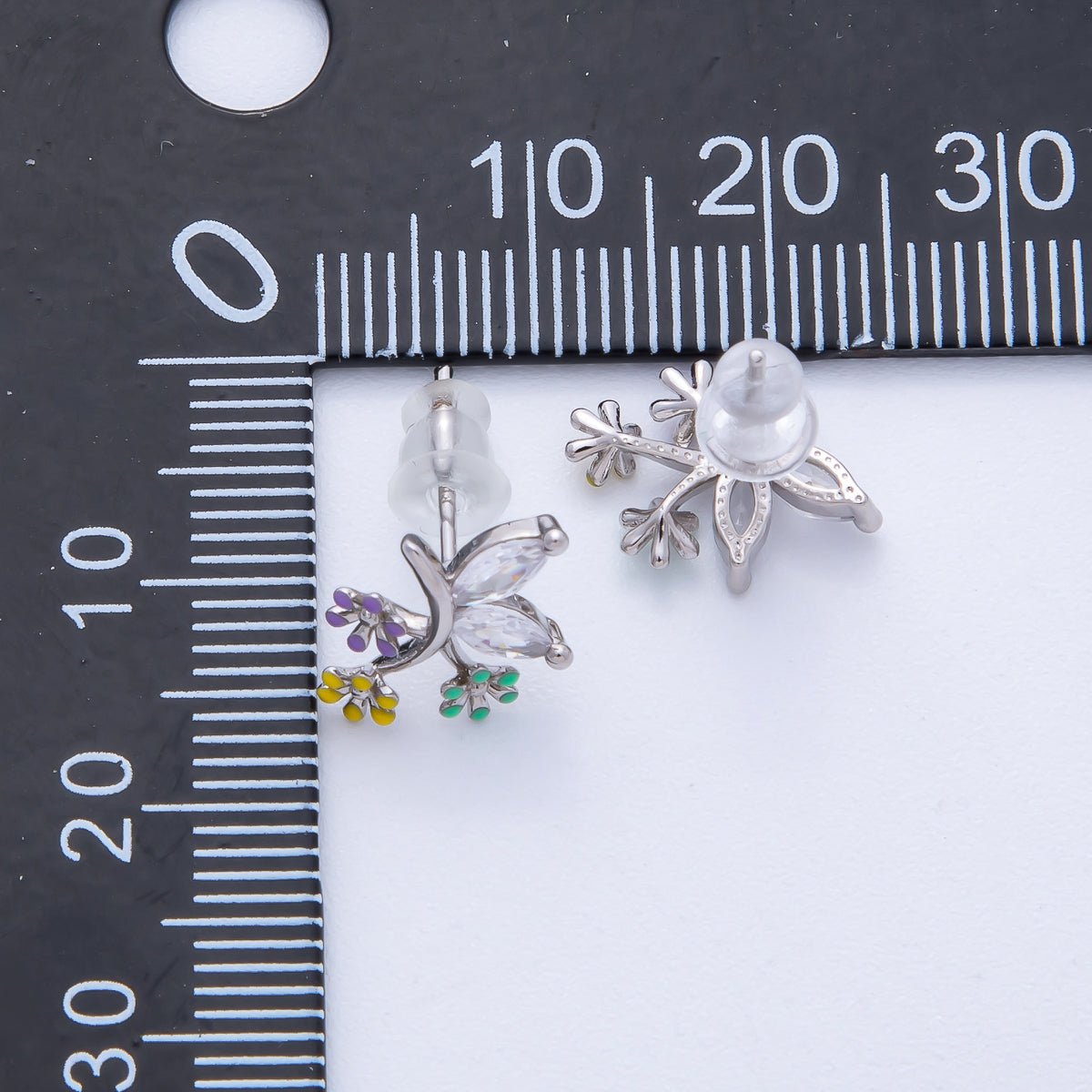 Rhodium Plated 15mm CZ Enamel Butterfly Wing Flower Stud | Earrings - 00229 - DLUXCA