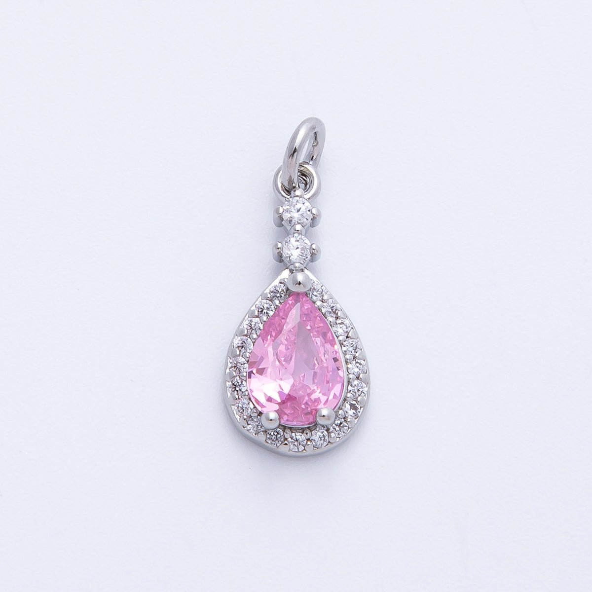 Rhodium Plated 16mm Pink, Green Micro Paved CZ Teardrop Charm | Charms - 00350 Charms - 00351 - DLUXCA