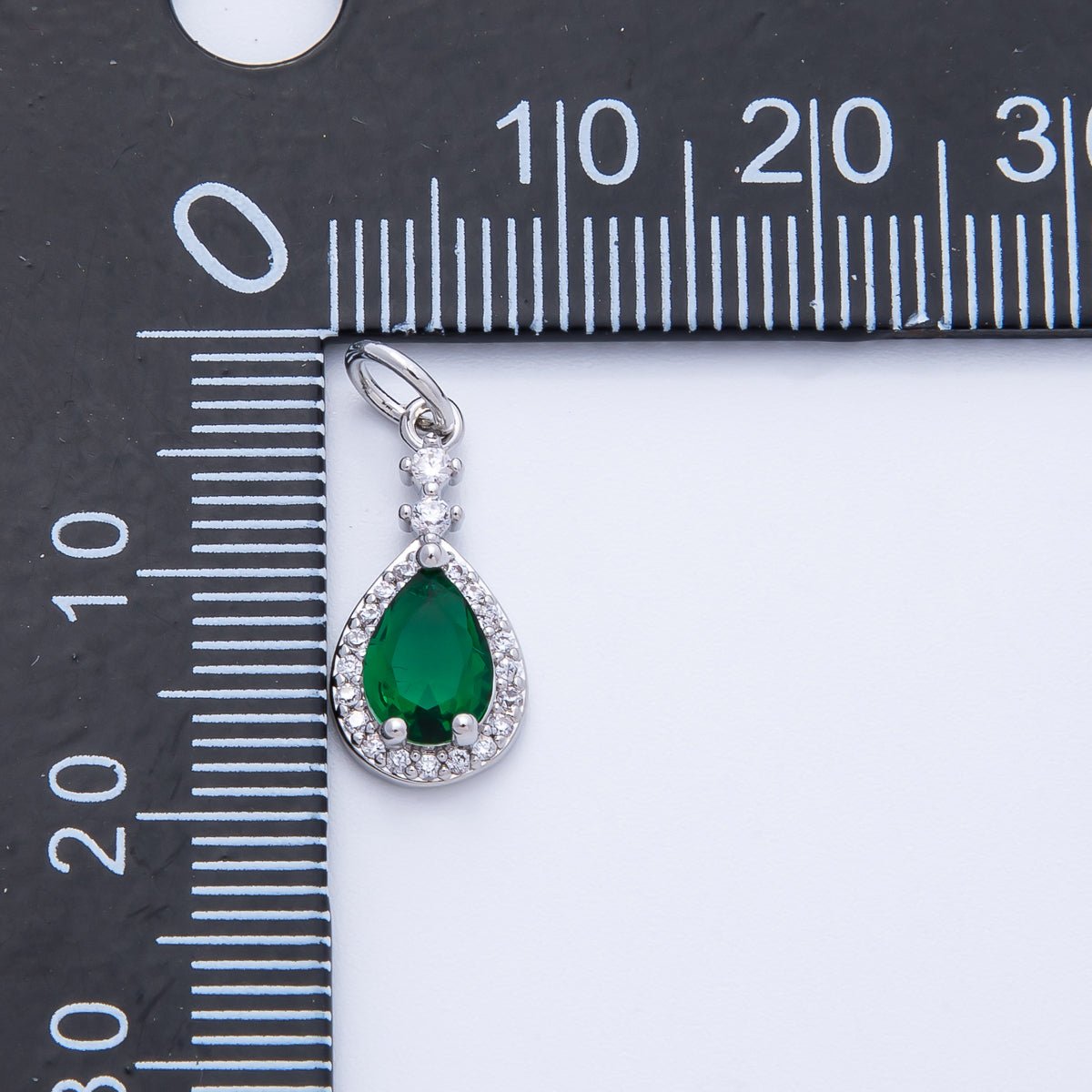 Rhodium Plated 16mm Pink, Green Micro Paved CZ Teardrop Charm | Charms - 00350 Charms - 00351 - DLUXCA