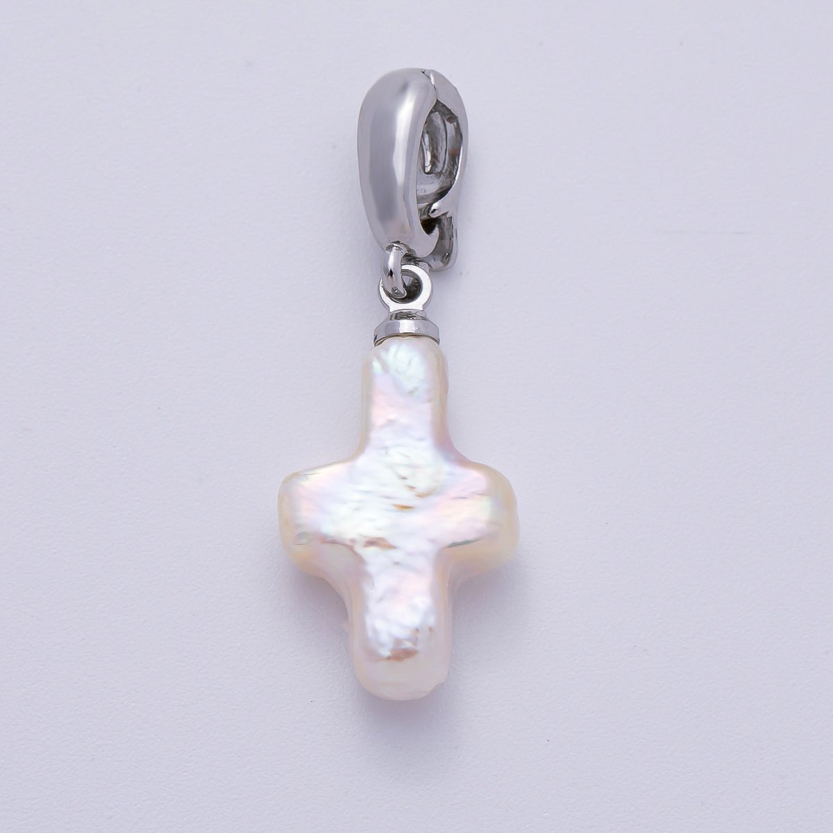 Rhodium Plated 18mm White Freshwater Pearl Religious Cross Pendant | Charms - 00475 - DLUXCA