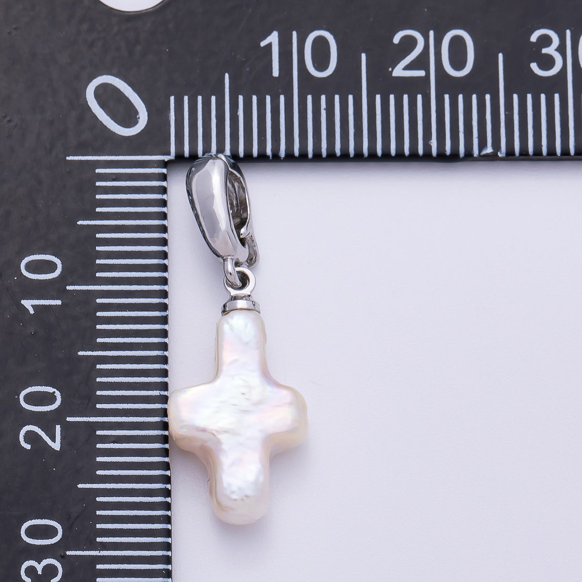 Rhodium Plated 18mm White Freshwater Pearl Religious Cross Pendant | Charms - 00475 - DLUXCA