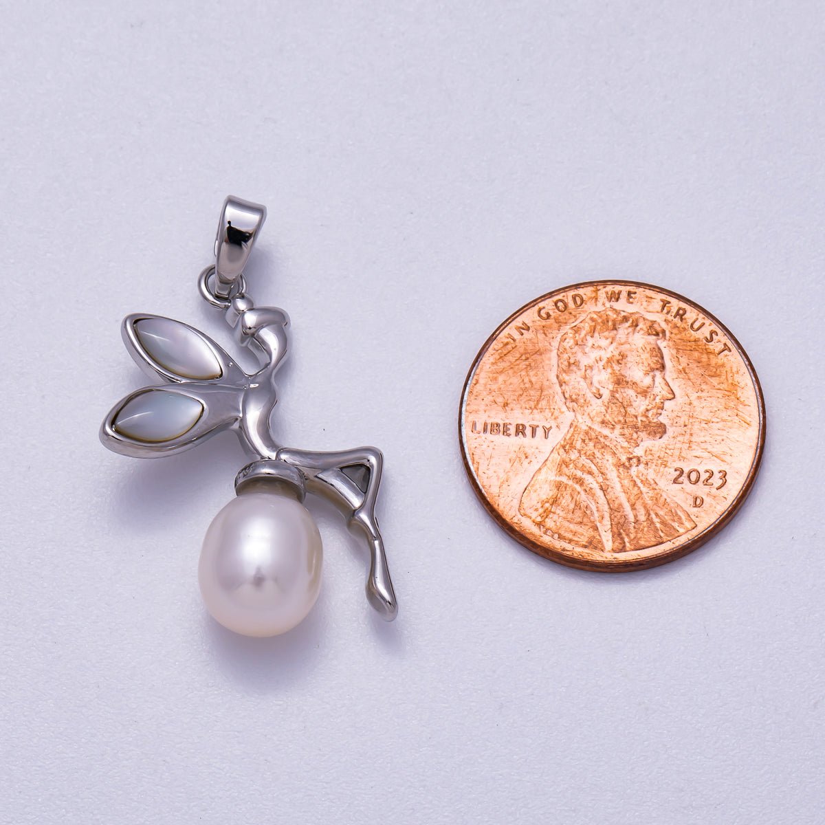 Rhodium Plated 26mm Shell Pearl Fairy Elf Pendant | Charms - 00646 - DLUXCA