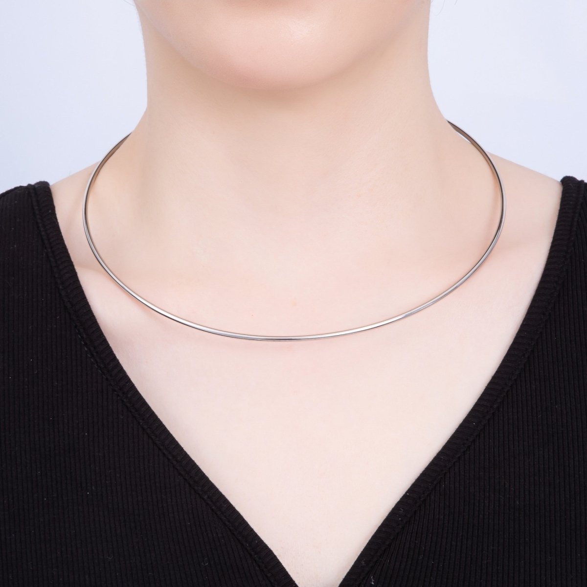 Rhodium Plated 2mm Minimalist Torque Cuff Collar Necklace with open beaded ball | WA - 04303 - DLUXCA