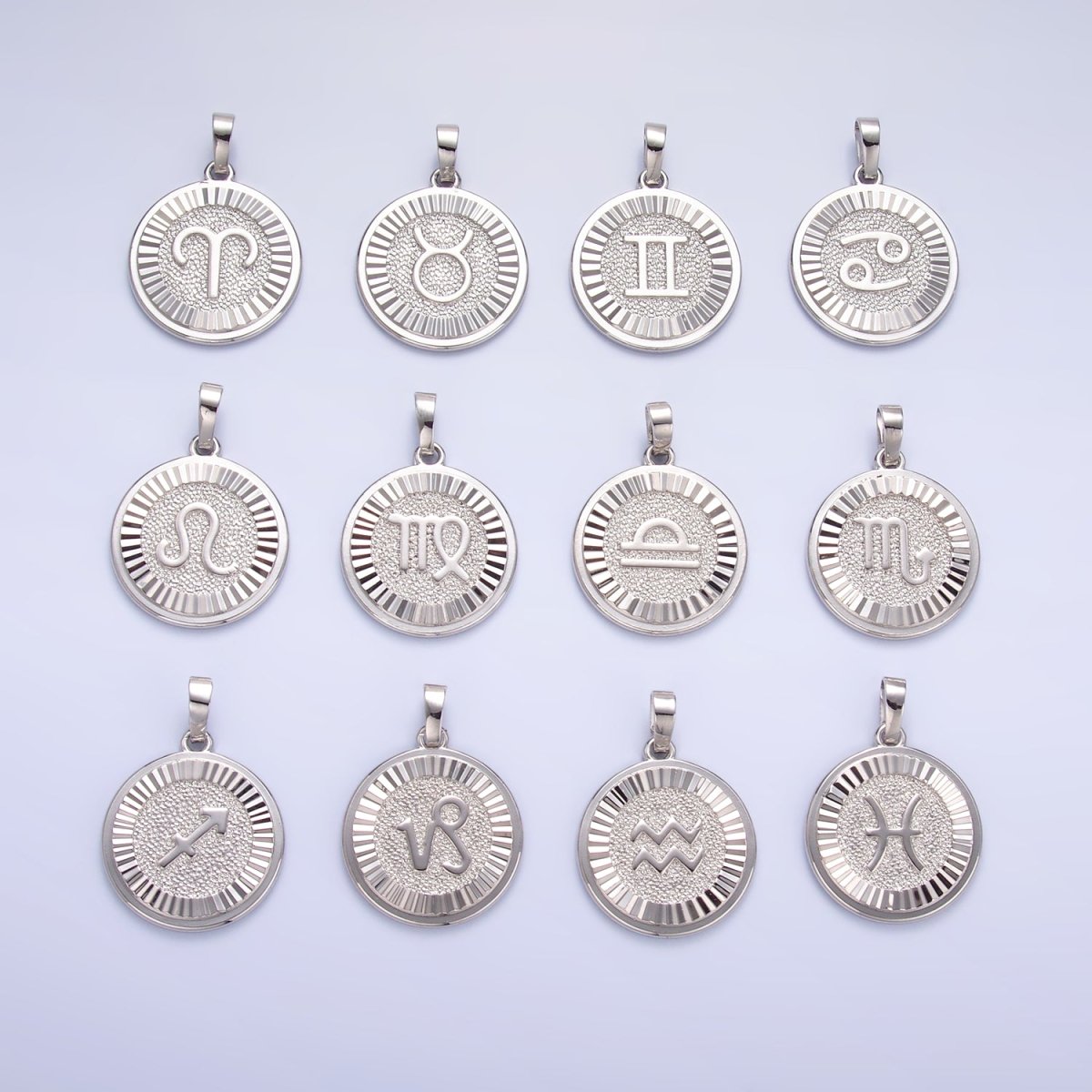 Rhodium Plated Zodiac Sign Sunburst Round Pendant | A1301 - A1306 - DLUXCA