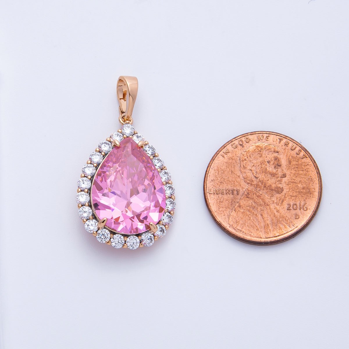 Rose Gold 23.5mm Pink Micro Paved CZ Teardrop Pendant | Charms - 00374 - DLUXCA