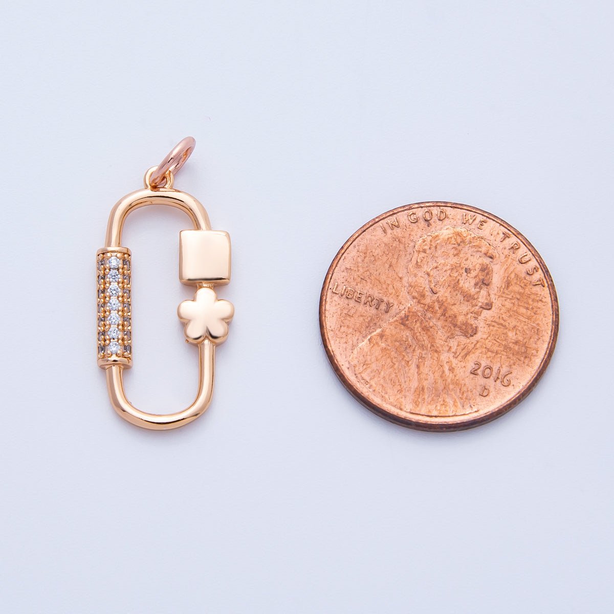 Rose Gold Filled 22mm Micro Paved CZ Flower Oblong Carabiner Link Charm | Charms - 00396 - DLUXCA