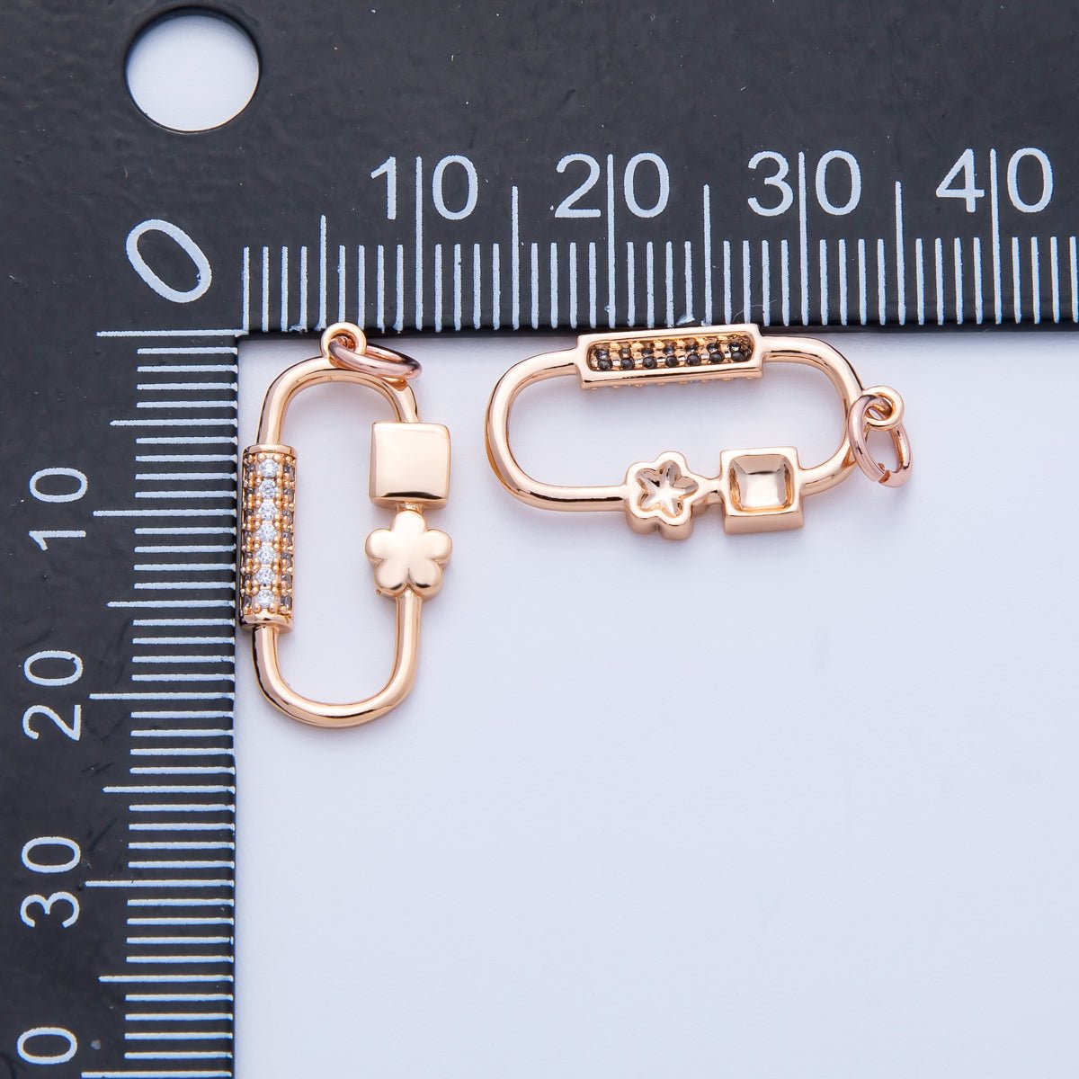 Rose Gold Filled 22mm Micro Paved CZ Flower Oblong Carabiner Link Charm | Charms - 00396 - DLUXCA