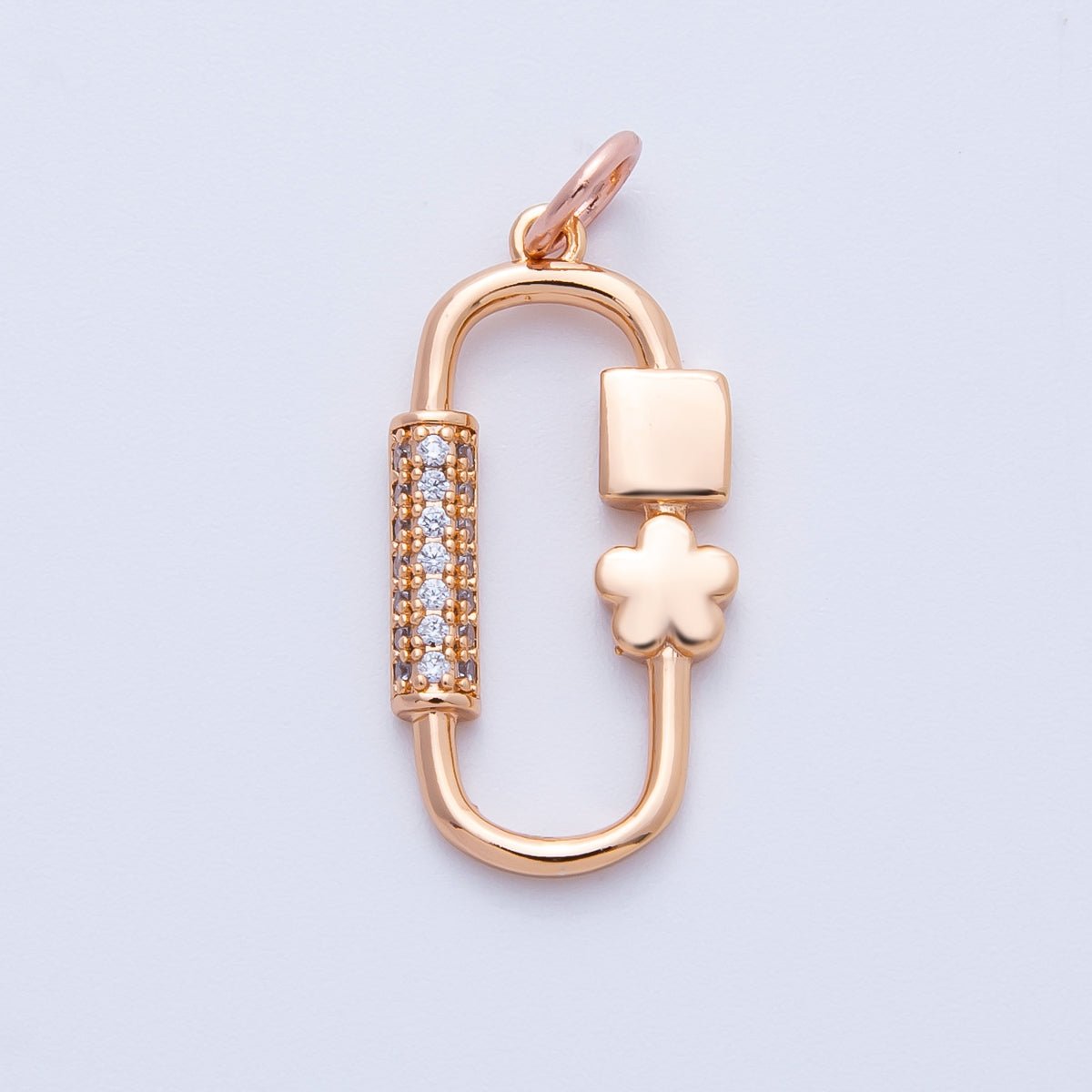Rose Gold Filled 22mm Micro Paved CZ Flower Oblong Carabiner Link Charm | Charms - 00396 - DLUXCA