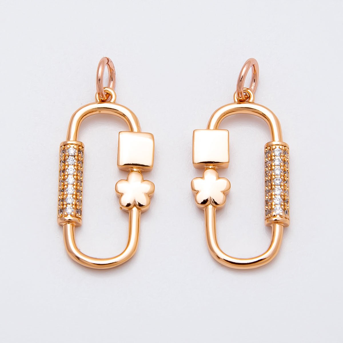 Rose Gold Filled 22mm Micro Paved CZ Flower Oblong Carabiner Link Charm | Charms - 00396 - Charms - 00397 - DLUXCA