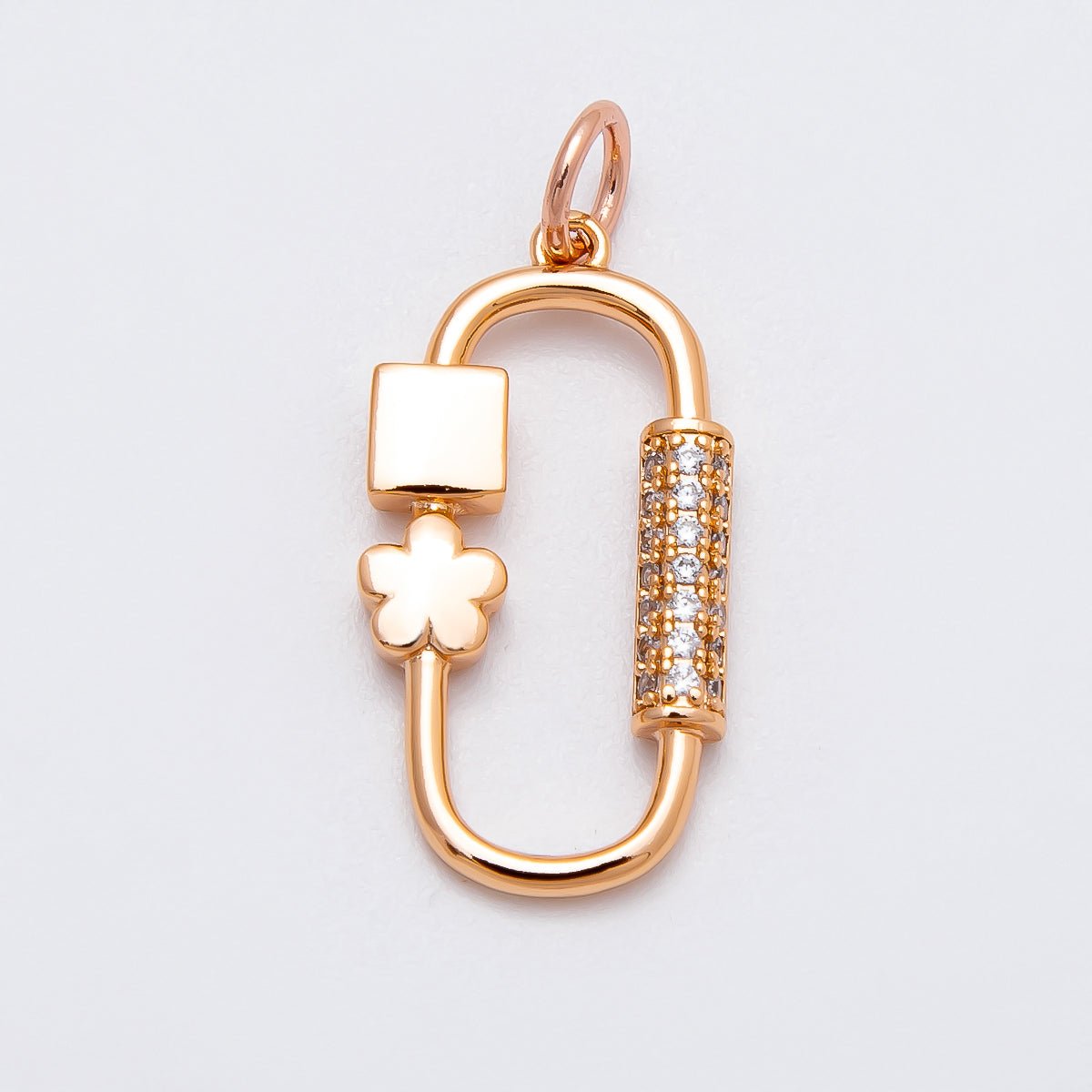 Rose Gold Filled 22mm Micro Paved CZ Flower Oblong Carabiner Link Charm | Charms - 00396 - Charms - 00397 - DLUXCA