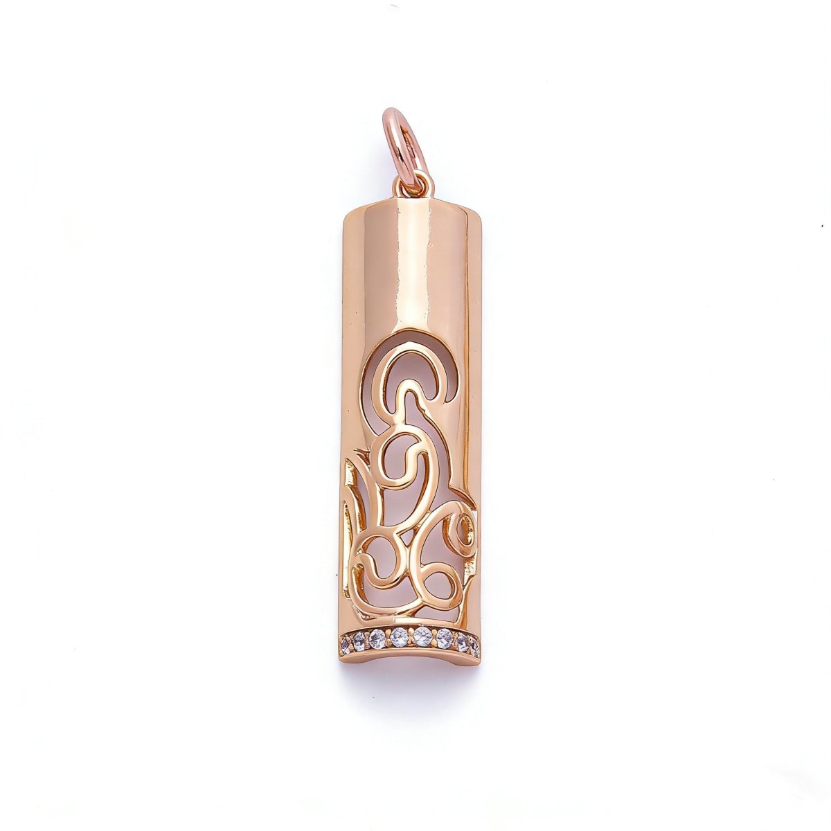 Rose Gold Filled 26mm Rose Flower Micro Paved CZ Filigree Bar Tube Charm | Charms - 00394 - DLUXCA