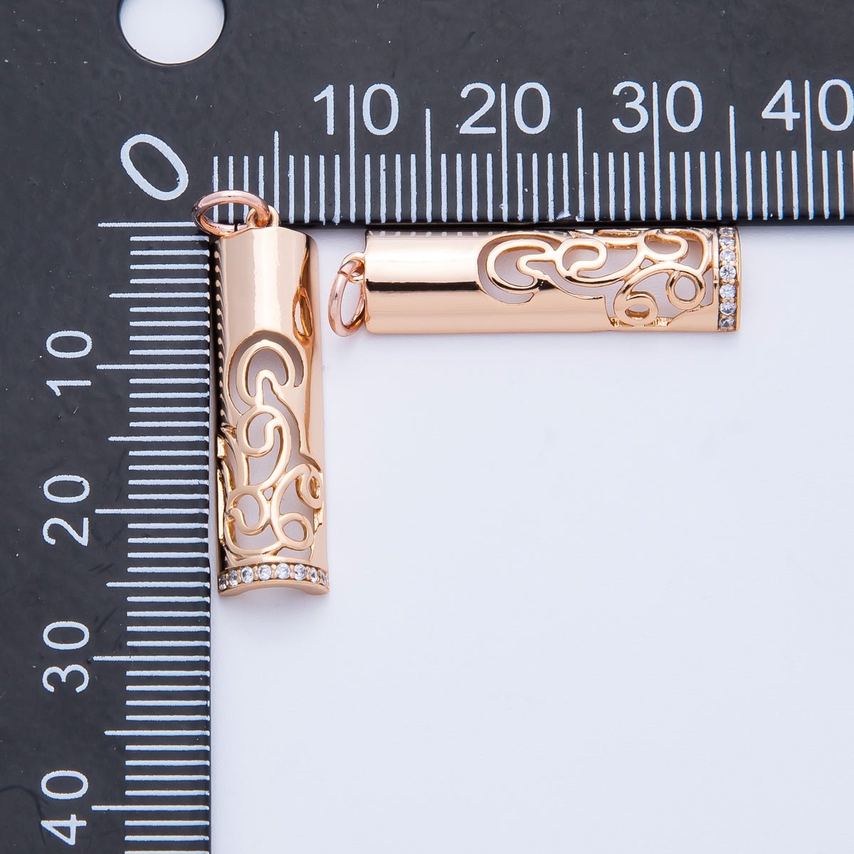 Rose Gold Filled 26mm Rose Flower Micro Paved CZ Filigree Bar Tube Charm | Charms - 00394 - DLUXCA