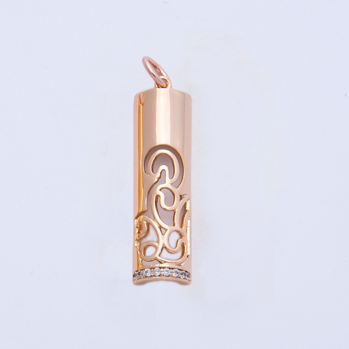 Rose Gold Filled 26mm Rose Flower Micro Paved CZ Filigree Bar Tube Charm | Charms - 00394 - DLUXCA