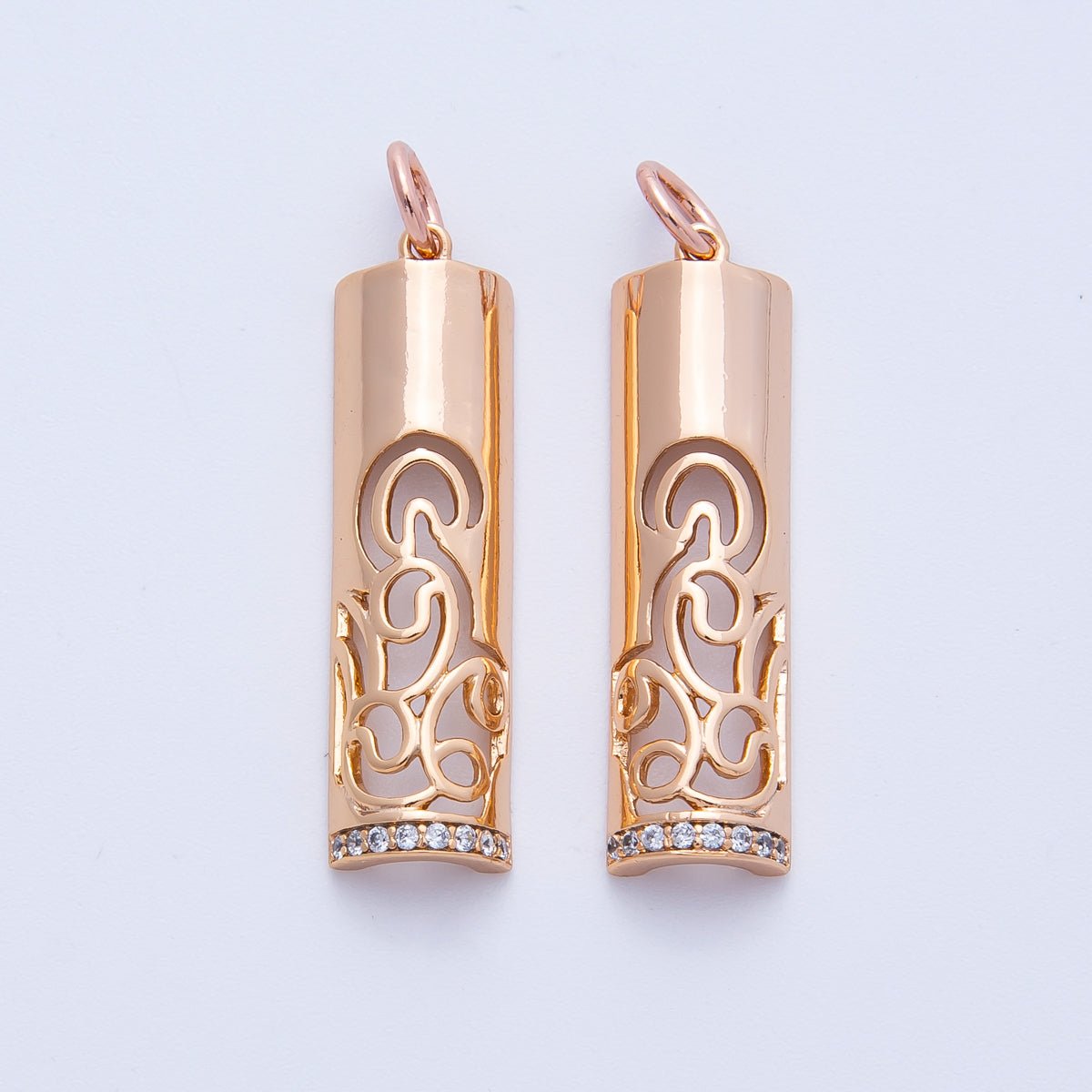 Rose Gold Filled 26mm Rose Flower Micro Paved CZ Filigree Bar Tube Charm | Charms - 00394 - DLUXCA
