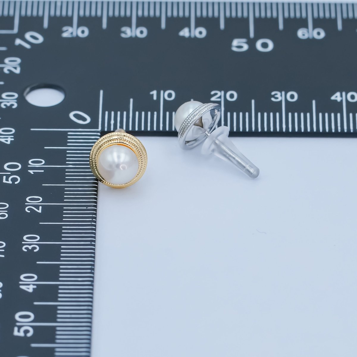 Round White Shell Pearl Band Stud Earrings in Gold & Silver | AE1030 AE1031 - DLUXCA