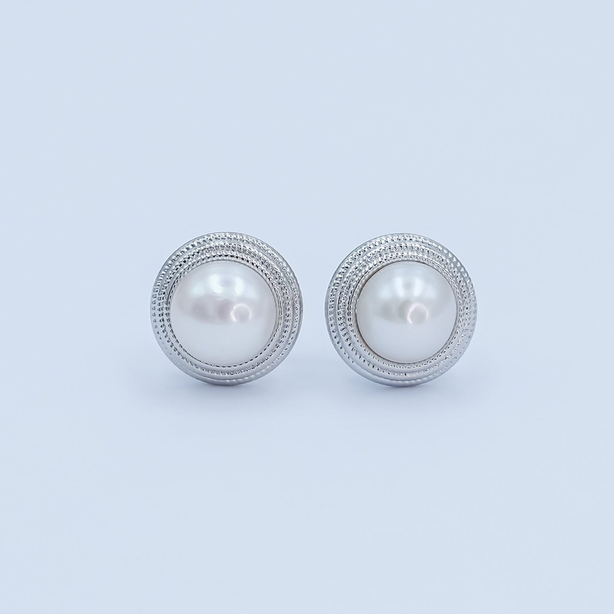 Round White Shell Pearl Band Stud Earrings in Gold & Silver | AE1030 AE1031 - DLUXCA