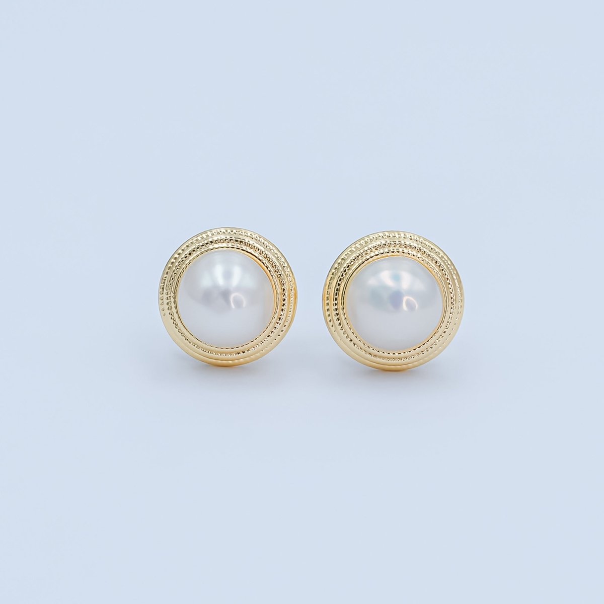 Round White Shell Pearl Band Stud Earrings in Gold & Silver | AE1030 AE1031 - DLUXCA
